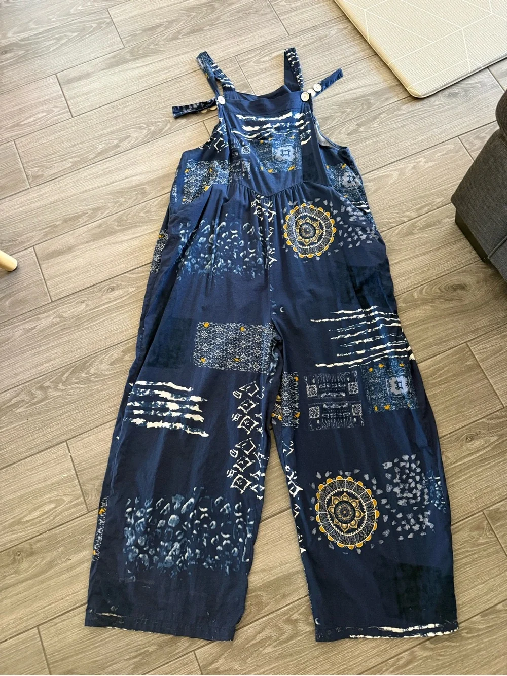 Small shop|Navy Boho Patchwork print Wide-Leg sleeveless Jumpsuit,overall style• - Picture 2 of 13